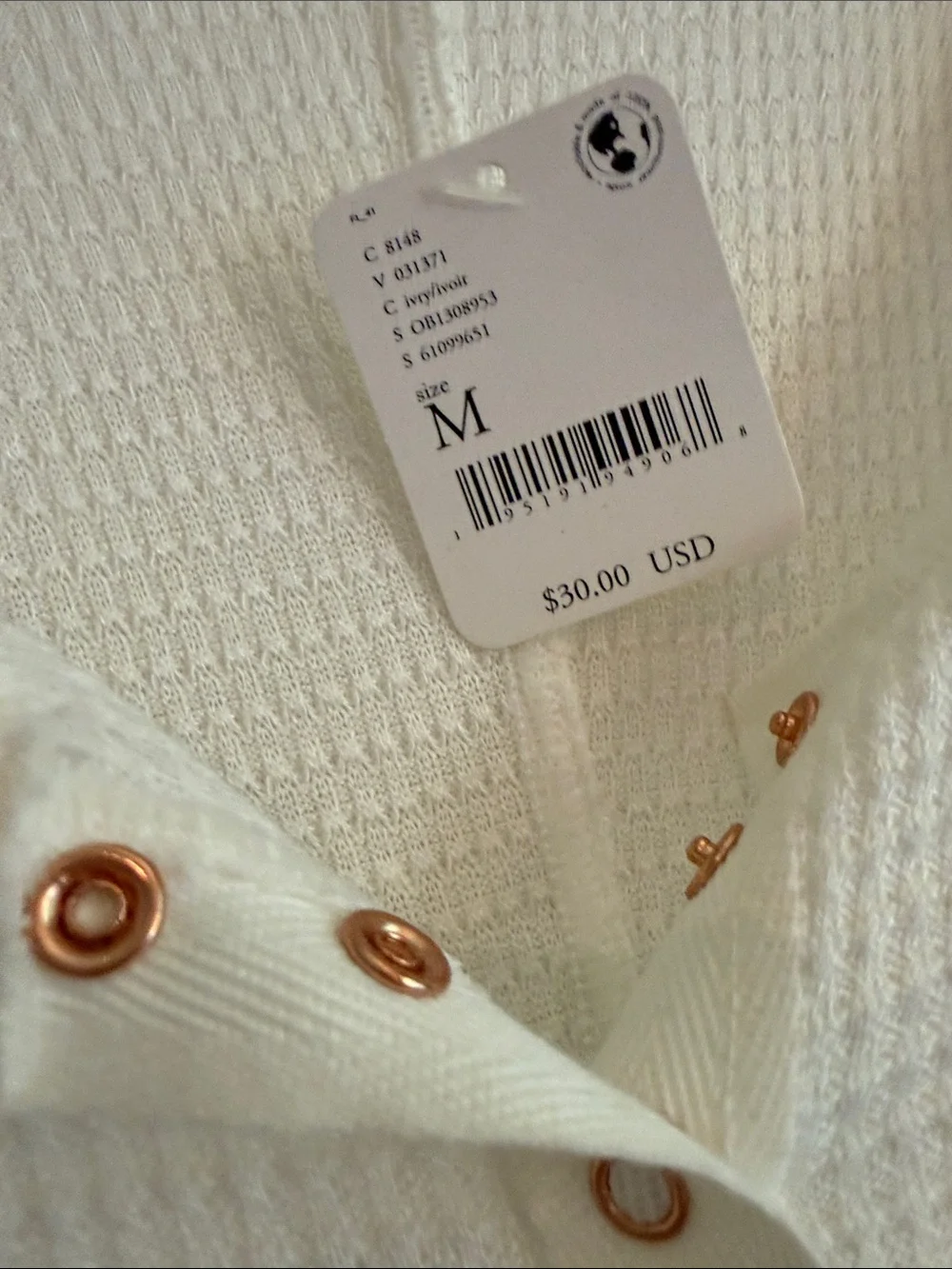 NWT Free People! White Waffle Henley Top with Contrast Buttons